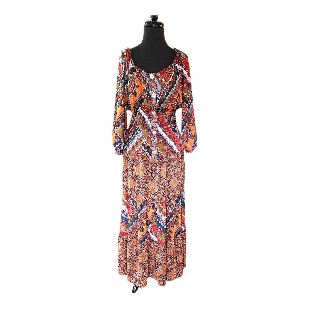 Fig & Flower Womens Sheer Tiered Maxi Smock Dress Size M Boho Prairie Milkmaid